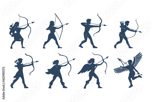 Collection of archer silhouettes in various poses. Vector illustration set of mythological hunters and warriors isolated on a white background.