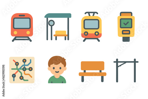 Colorful Transit Icons. Flat vector mini-illustrations public transportation expansion in colors children's illustrations: subway