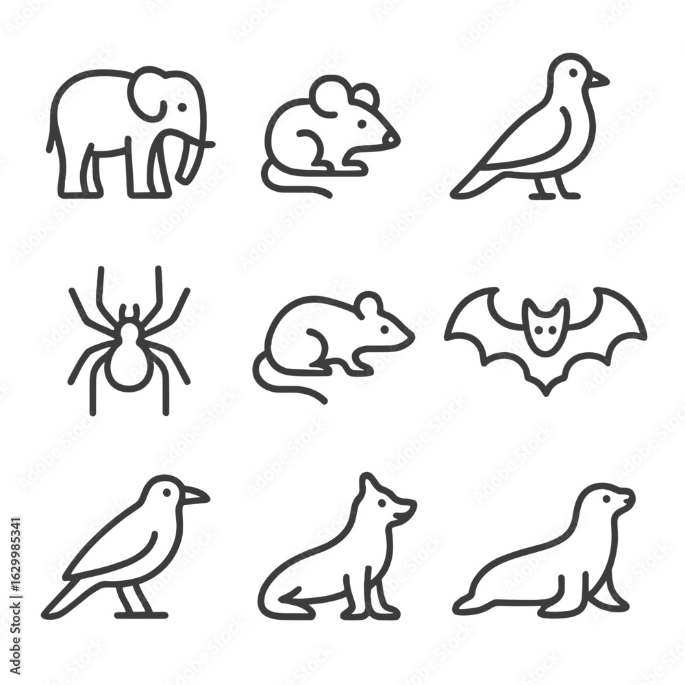 Fototapeta premium Gray Wildlife Icons. Outline icon set of gray animals and insects: gray elephant, gray mouse, gray pigeon, gray wolf, gray spider,