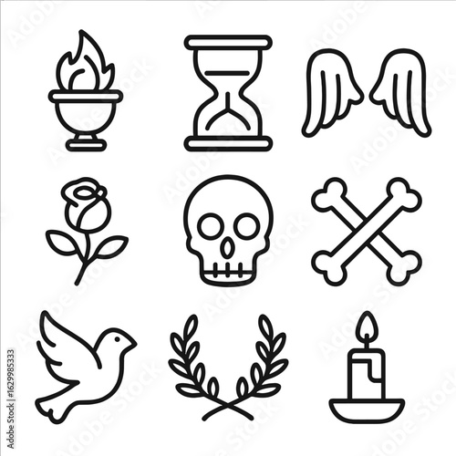 Graveyard Icon Set. Outline icon set of graveyard symbols: eternal flame, hourglass, angel wings, rose, skull, crossbones, dove,