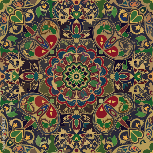 A detailed, ornate mandala pattern with a paisley and floral design, featuring rich, earthy and jewel-toned colors like maroon, olive green, and gold, in a symmetrical, bohemian style.