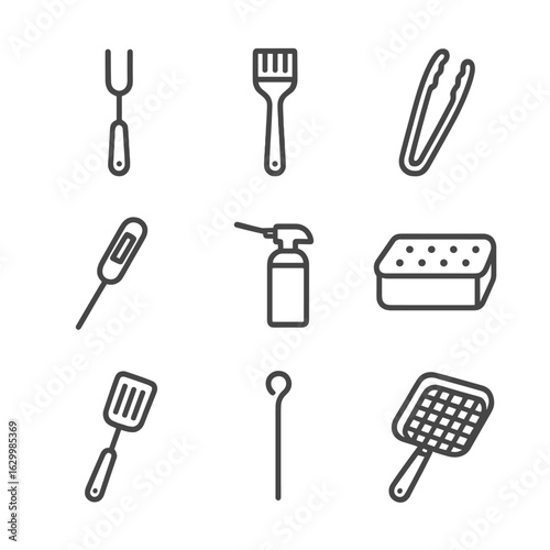 Grilling Tools Icons. Outline icon set of grilling tools: grill fork, basting brush, grill tongs, meat thermometer, charcoal