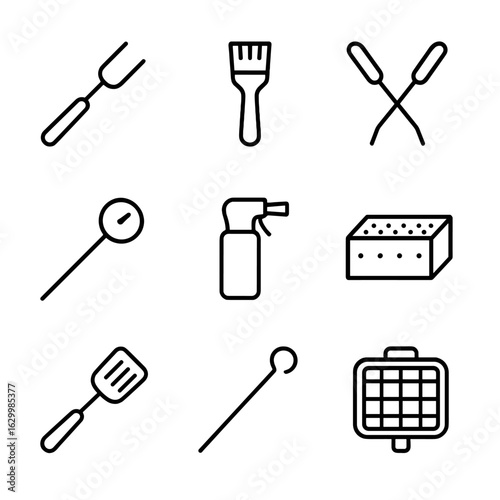 Grilling Tools Icons. Outline icon set of grilling tools: grill fork, basting brush, grill tongs, meat thermometer, charcoal