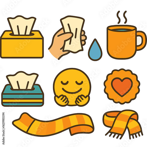 Comfort Care Icons. Flat vector mini-illustrations offering tissues and care items in colors children's illustrations: tissue box,