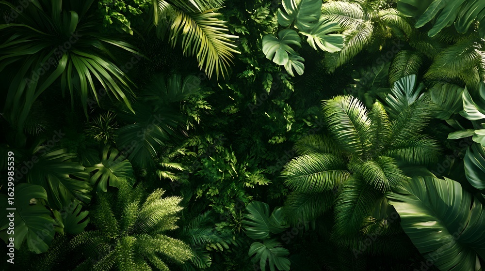 Fototapeta premium Photograph of lush tropical leaves, creating a dense, vibrant green foliage pattern.