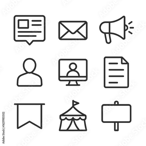 Communication Icons Grid. Outline icon set of Communication channels: social media post, email envelope, press release megaphone,