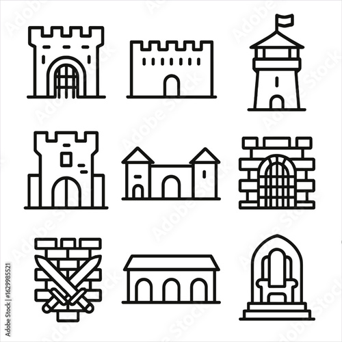 Guardian Icon Set. Outline icon set of guardian environments: castle gate, fortress wall, watchtower, gatehouse, courtyard,