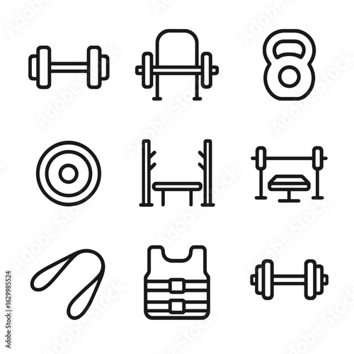 Gym Equipment Icons. Outline icon set of gym weights: dumbbell, barbell, kettlebell, weight plate, squat rack, bench press,