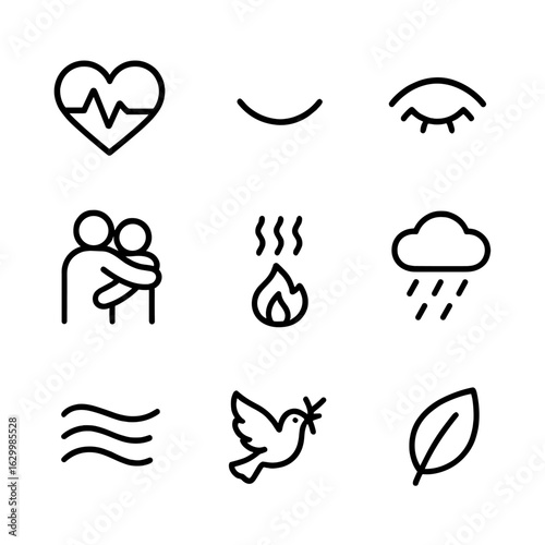 Calm Icons Collection. Outline icon set of emotional calm: heart wave, smile line, relaxed eye, hug icon, warmth icon, soothing