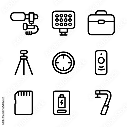 Camcorder Accessories Icons. Outline icon set of camcorder accessories: external microphone, LED light, carrying case, tripod,