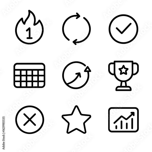 Habit Tracking Icons. Outline icon set of habit tracking: daily streak, habit loop, check mark, week grid, goal progress, reward