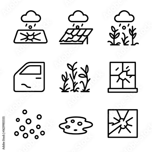 Hailstorm Damage Icons. Outline icon set of hail impact scenes: smashed windshield, broken roof tiles, damaged crops, dented car
