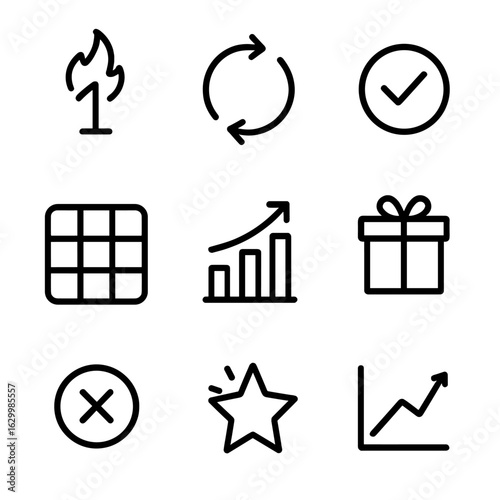 Habit Tracking Icons. Outline icon set of habit tracking: daily streak, habit loop, check mark, week grid, goal progress, reward