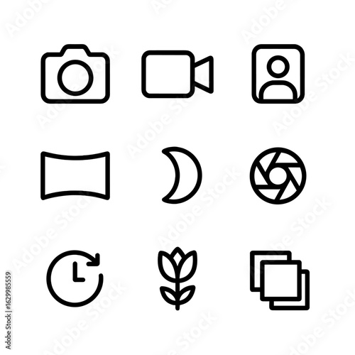Camera Mode Icons. Outline icon set of camera app shooting modes: photo mode, video mode, portrait mode, panorama, night mode,