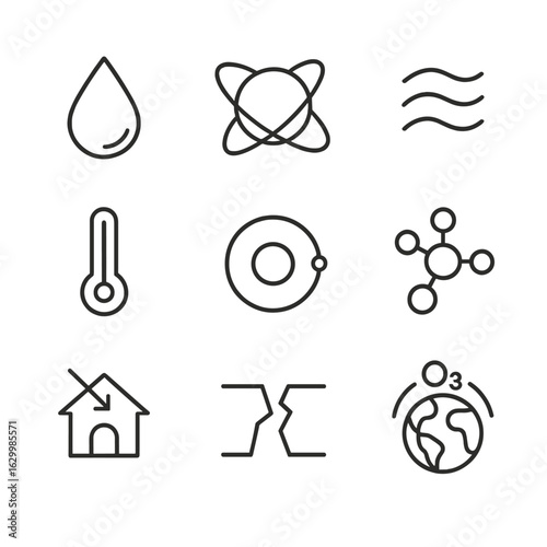 Habitability Icons Set. Outline icon set of habitability markers: liquid water droplet, magnetic field shield, breathable
