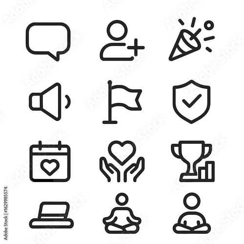 Community and Wellness Icons. Outline icon set of community support tools: chat bubble, friend request, party invite, voice