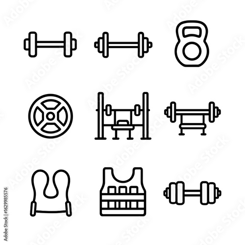 Gym Equipment Icons. Outline icon set of gym weights: dumbbell, barbell, kettlebell, weight plate, squat rack, bench press,