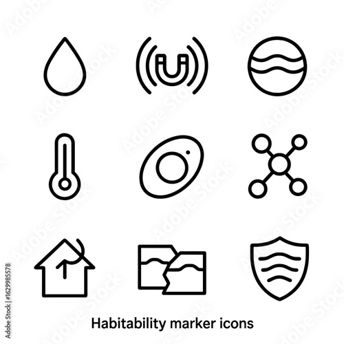 Habitability Icons Set. Outline icon set of habitability markers: liquid water droplet, magnetic field shield, breathable