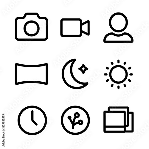 Camera Mode Icons. Outline icon set of camera app shooting modes: photo mode, video mode, portrait mode, panorama, night mode,