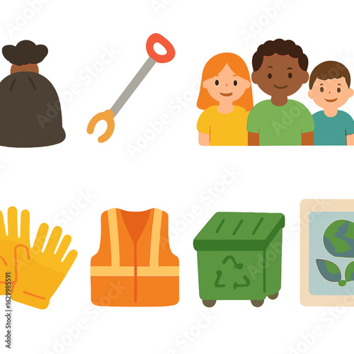 Community Cleanup Icons. Flat vector mini-illustrations community cleanup events in colors children's illustrations: trash bag,
