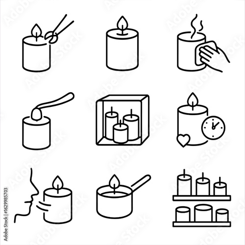 Candle Care Icons. Outline icon set of candle care and maintenance: trimming wick, melting wax pool, cleaning soot, extinguishing