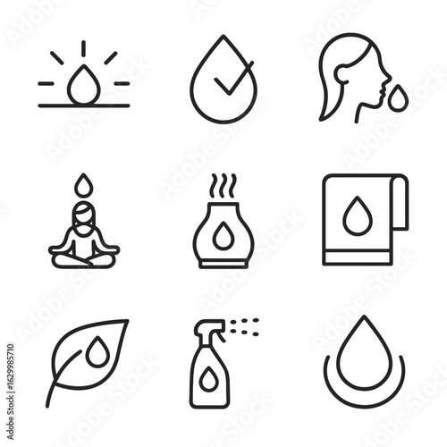 Health and Dew Icons. Outline icon set of health and dew: morning freshness icon, hydration reminder droplet, skin moisture symbol
