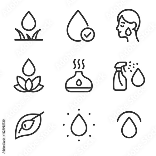 Health and Dew Icons. Outline icon set of health and dew: morning freshness icon, hydration reminder droplet, skin moisture symbol