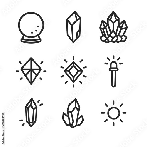 Healing Stones Icons. Outline icon set of energy healing stones: crystal ball, quartz shard, amethyst cluster, chakra prism,