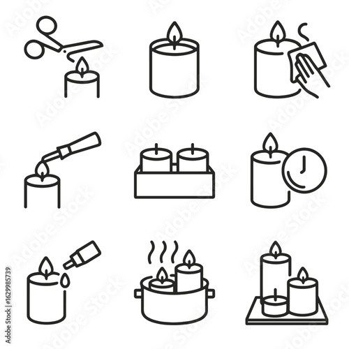 Candle Care Icons. Outline icon set of candle care and maintenance: trimming wick, melting wax pool, cleaning soot, extinguishing