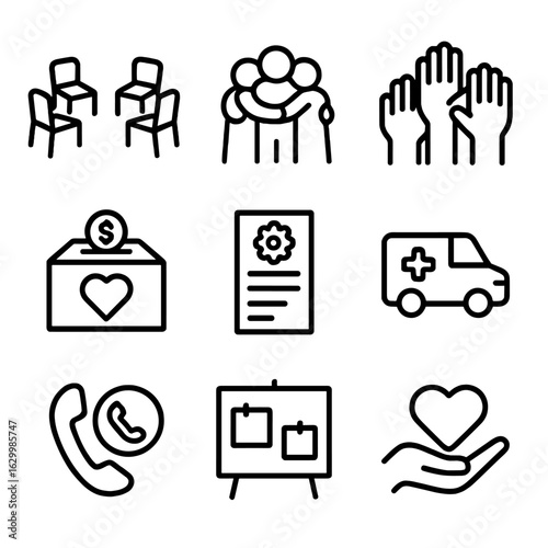 Community Support Icons. Outline icon set of community support groups: circle of chairs, group hug, volunteer hands, donation box,