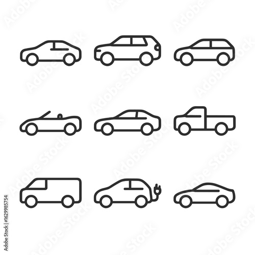 Car Icon Set. Outline icon set of car types: sedan, SUV, hatchback, convertible, coupe, pickup truck, van, electric car, sports