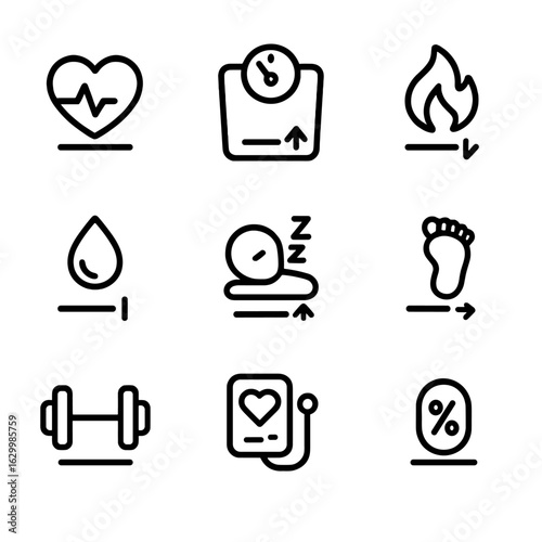 Health Threshold Icon Set. Outline icon set of threshold in health and fitness: heart rate limit, weight target, calorie threshold