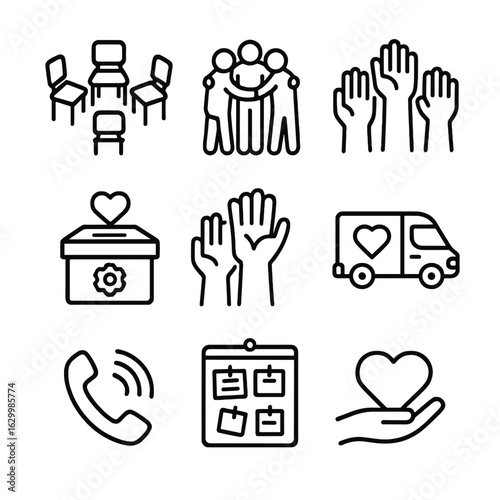 Community Support Icons. Outline icon set of community support groups: circle of chairs, group hug, volunteer hands, donation box,