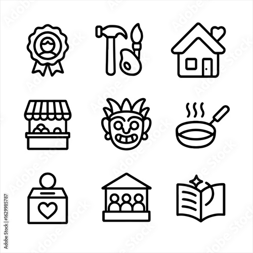 Community Tourism Icons. Outline icon set of community-based tourism experiences: local guide badge, handicraft workshop tools,