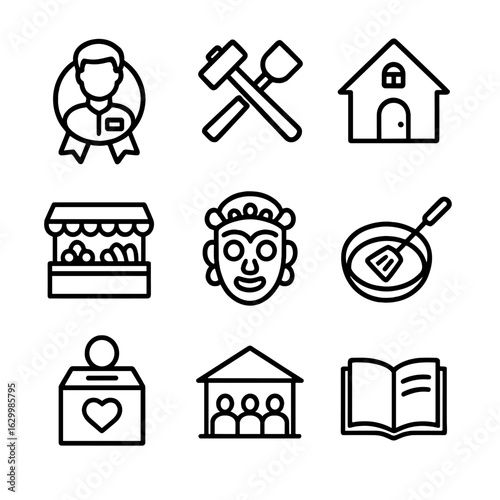Community Tourism Icons. Outline icon set of community-based tourism experiences: local guide badge, handicraft workshop tools,