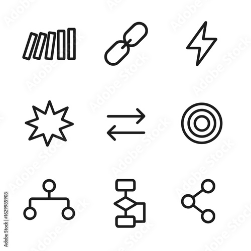Cause and Effect Icons. Outline icon set of cause and effect: domino pieces, chain reaction, lightning bolt, explosion, arrows
