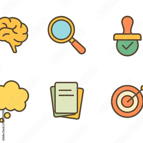 Confirmation Bias Icons. Flat vector mini-illustrations confirmation bias recognition in colors children's illustrations: brain