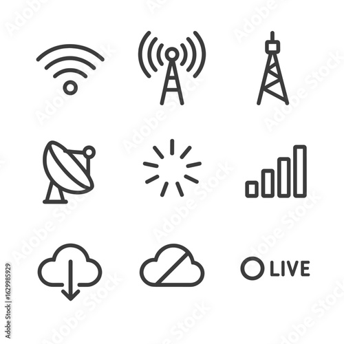 Connectivity Icon Set. Outline icon set of connectivity status: Wi-Fi waves, cellular tower, antenna mast, satellite dish,