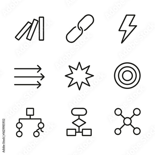 Cause and Effect Icons. Outline icon set of cause and effect: domino pieces, chain reaction, lightning bolt, explosion, arrows