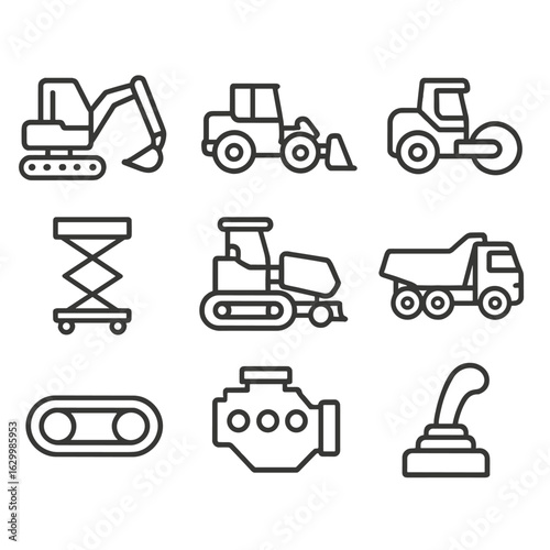 Heavy Machinery Icon Set. Outline icon set of heavy machinery: excavator, front loader, road roller, hydraulic lift, cement paver,