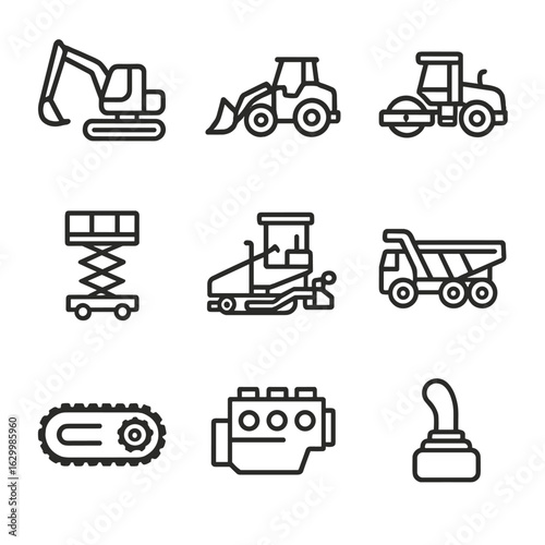 Heavy Machinery Icon Set. Outline icon set of heavy machinery: excavator, front loader, road roller, hydraulic lift, cement paver,