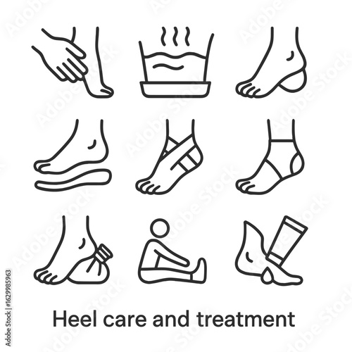 Heel Care Icons. Outline icon set of heel care and treatment: heel massage, foot soak, heel pad, orthotic insole, bandage, heel