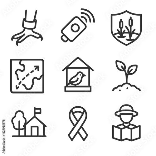 Conservation Icons Set. Outline icon set of conservation and support efforts: bird banding ring, satellite tracker, protected