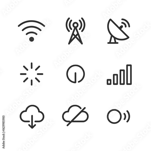 Connectivity Icon Set. Outline icon set of connectivity status: Wi-Fi waves, cellular tower, antenna mast, satellite dish,