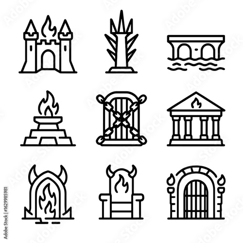 Hellish Architecture Icons. Outline icon set of hellish architecture: dark fortress, spiked tower, lava bridge, infernal altar,