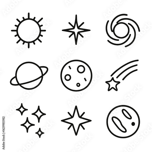 Celestial Icon Grid. Solid, filled icon set of stars and celestial bodies: red giant, white dwarf, neutron star, planet, moon,