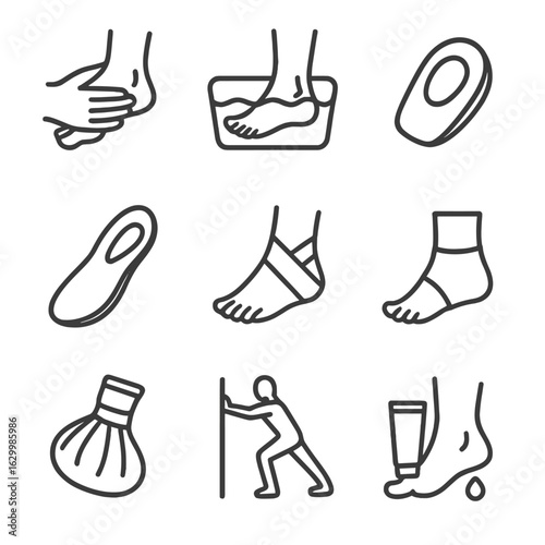Heel Care Icons. Outline icon set of heel care and treatment: heel massage, foot soak, heel pad, orthotic insole, bandage, heel
