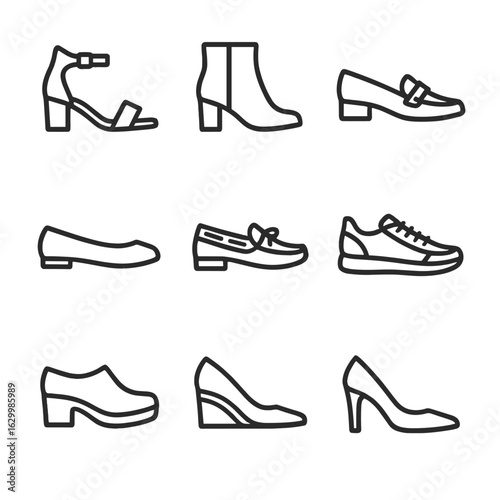 Heel Footwear Icons. Outline icon set of heel footwear types: sandal heel, boot heel, loafer heel, ballet flat heel, moccasin heel