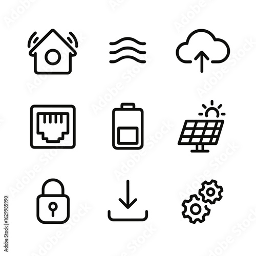 Connectivity Icons Grid. Outline icon set of connectivity and integration: smart home hub, voice assistant wave, cloud storage,