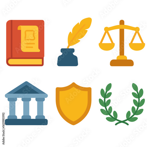 Constitutional Law Illustrations. Flat vector mini-illustrations Constitutional law in colors children’s illustrations: